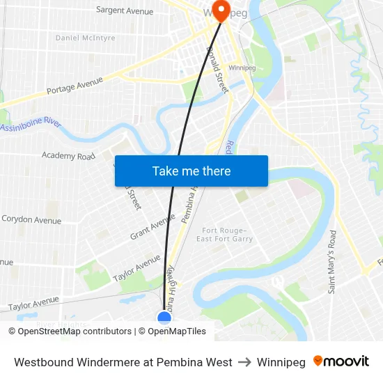 Westbound Windermere at Pembina West to Winnipeg map