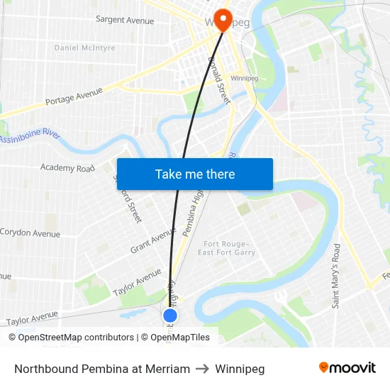 Northbound Pembina at Merriam to Winnipeg map