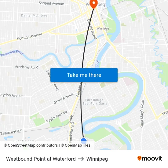 Westbound Point at Waterford to Winnipeg map