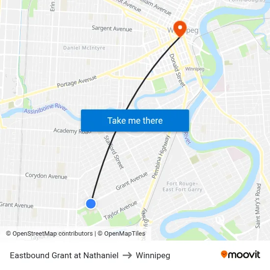 Eastbound Grant at Nathaniel to Winnipeg map