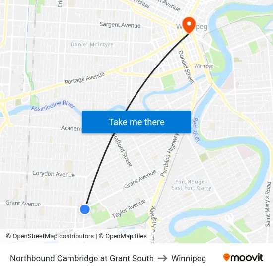Northbound Cambridge at Grant South to Winnipeg map