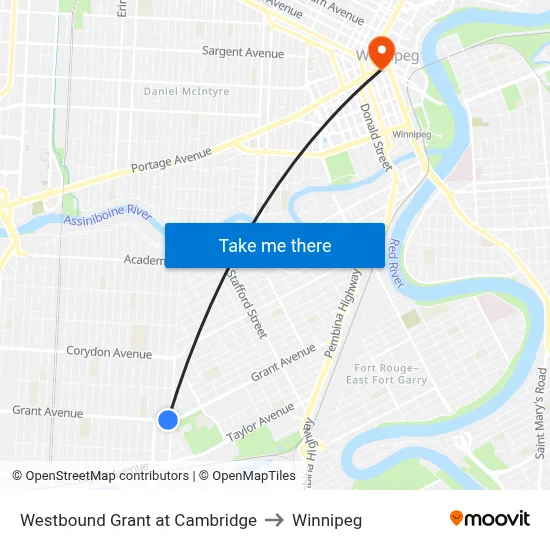 Westbound Grant at Cambridge to Winnipeg map