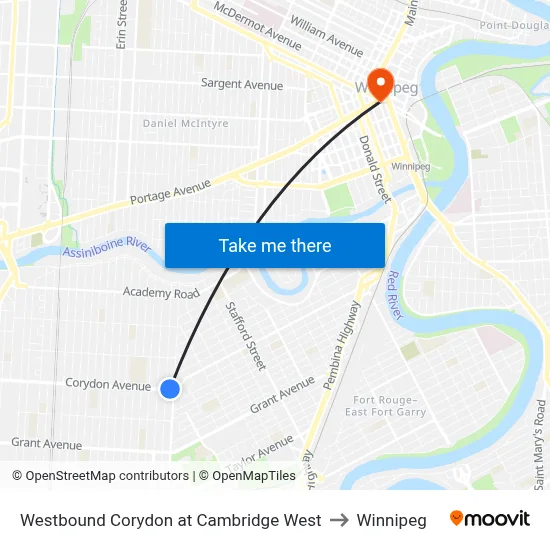 Westbound Corydon at Cambridge West to Winnipeg map