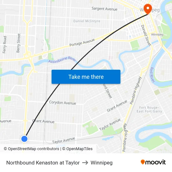Northbound Kenaston at Taylor to Winnipeg map