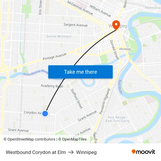 Westbound Corydon at Elm to Winnipeg map