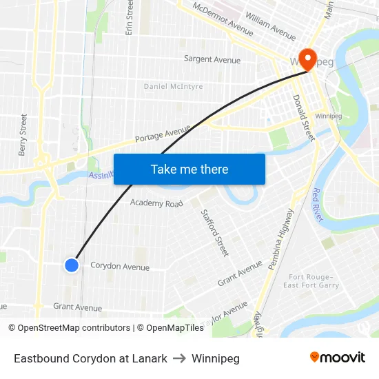 Eastbound Corydon at Lanark to Winnipeg map