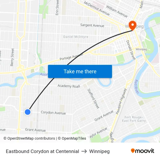 Eastbound Corydon at Centennial to Winnipeg map