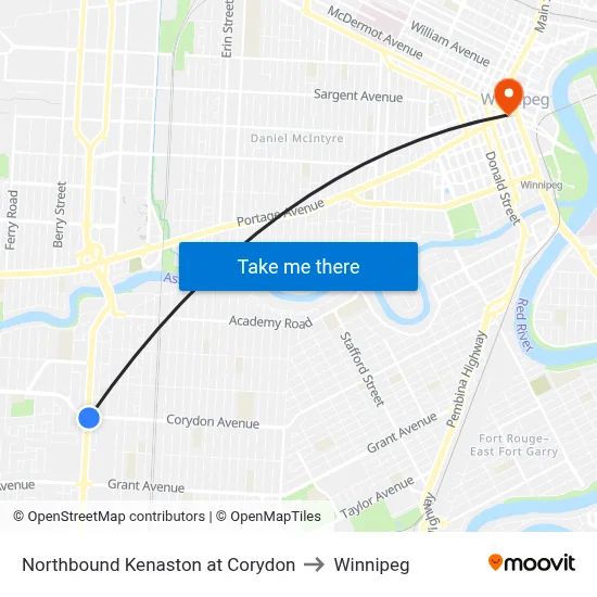 Northbound Kenaston at Corydon to Winnipeg map