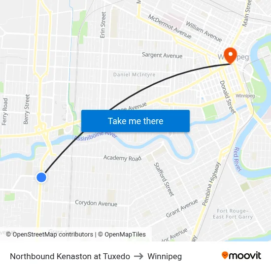 Northbound Kenaston at Tuxedo to Winnipeg map