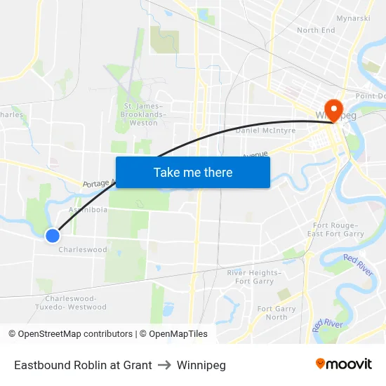Eastbound Roblin at Grant to Winnipeg map