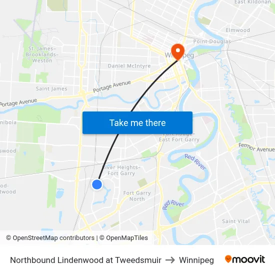 Northbound Lindenwood at Tweedsmuir to Winnipeg map