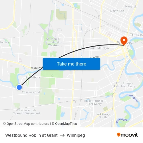Westbound Roblin at Grant to Winnipeg map