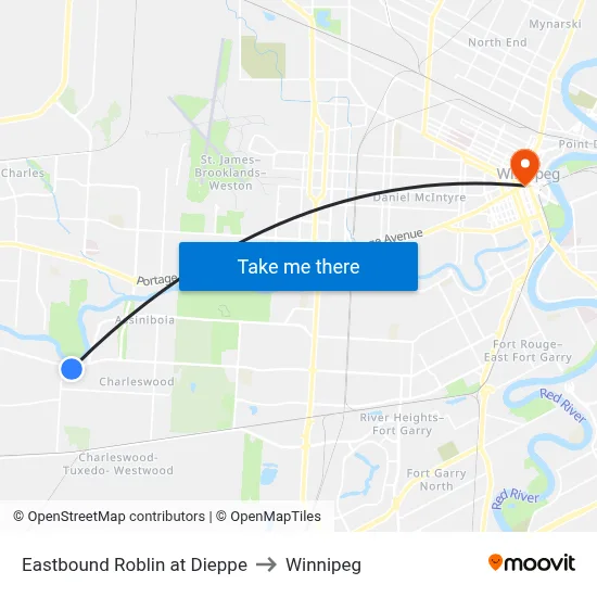 Eastbound Roblin at Dieppe to Winnipeg map