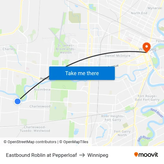 Eastbound Roblin at Pepperloaf to Winnipeg map