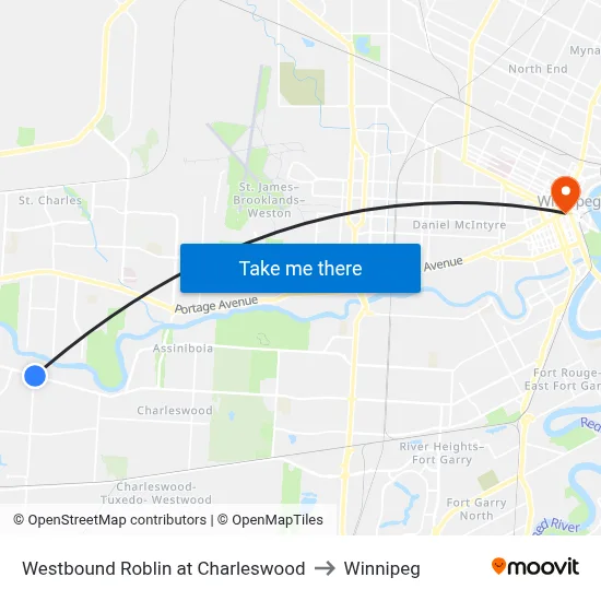 Westbound Roblin at Charleswood to Winnipeg map