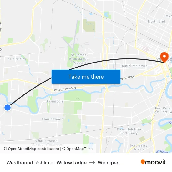 Westbound Roblin at Willow Ridge to Winnipeg map