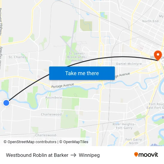 Westbound Roblin at Barker to Winnipeg map