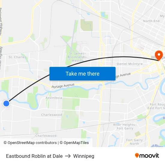 Eastbound Roblin at Dale to Winnipeg map