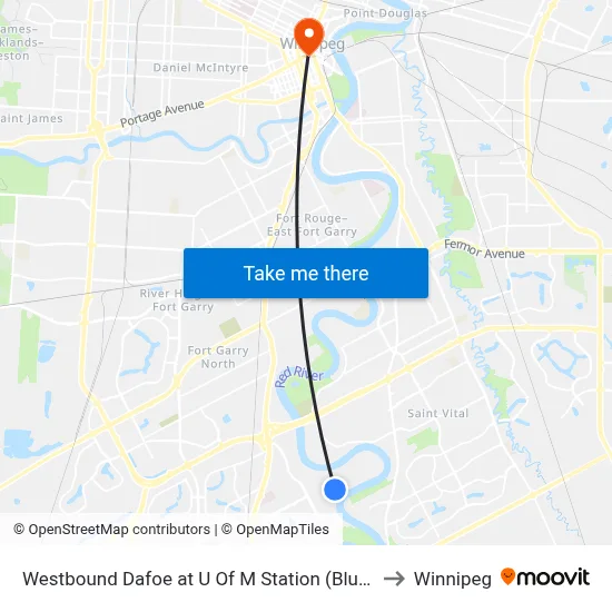 Westbound Dafoe at U Of M Station (Blue) to Winnipeg map