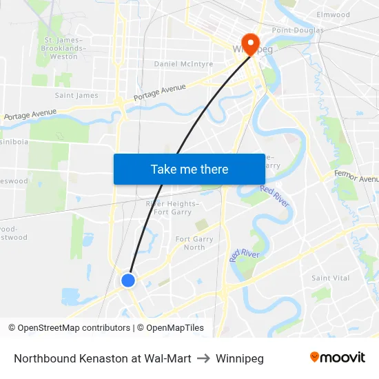 Northbound Kenaston at Wal-Mart to Winnipeg map