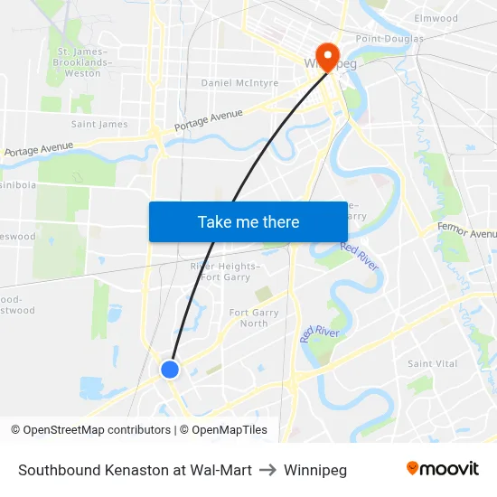 Southbound Kenaston at Wal-Mart to Winnipeg map