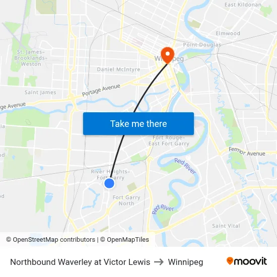 Northbound Waverley at Victor Lewis to Winnipeg map