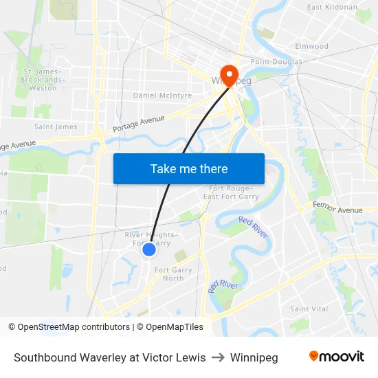 Southbound Waverley at Victor Lewis to Winnipeg map
