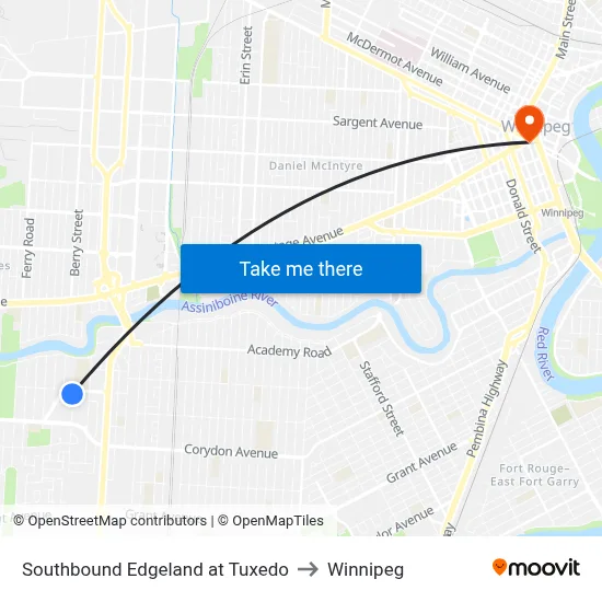 Southbound Edgeland at Tuxedo to Winnipeg map
