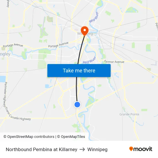 Northbound Pembina at Killarney to Winnipeg map