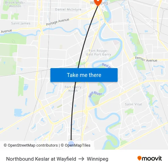 Northbound Keslar at Wayfield to Winnipeg map