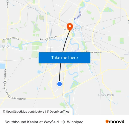 Southbound Keslar at Wayfield to Winnipeg map