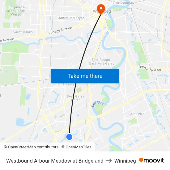 Westbound Arbour Meadow at Bridgeland to Winnipeg map