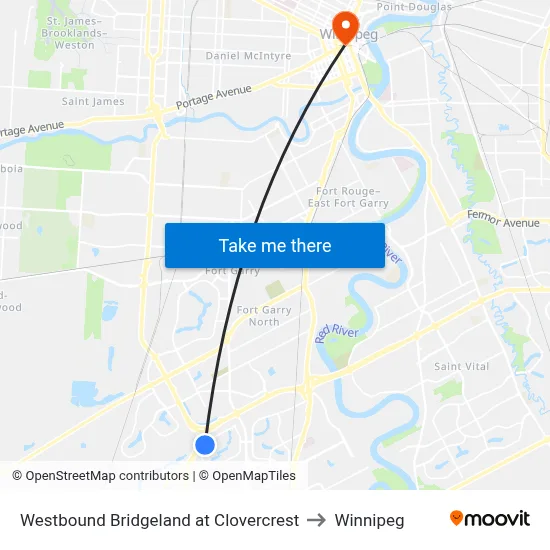 Westbound Bridgeland at Clovercrest to Winnipeg map
