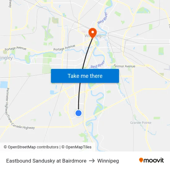 Eastbound Sandusky at Bairdmore to Winnipeg map