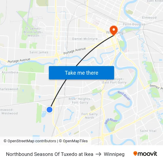 Northbound Seasons Of Tuxedo at Ikea to Winnipeg map