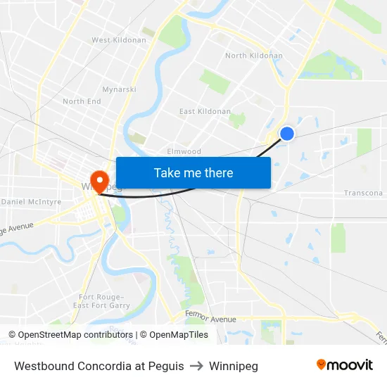 Westbound Concordia at Peguis to Winnipeg map