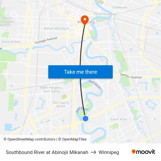 Southbound River at Abinojii Mikanah to Winnipeg map