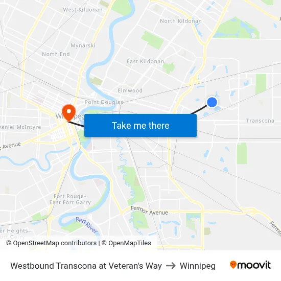 Westbound Transcona at Veteran's Way to Winnipeg map