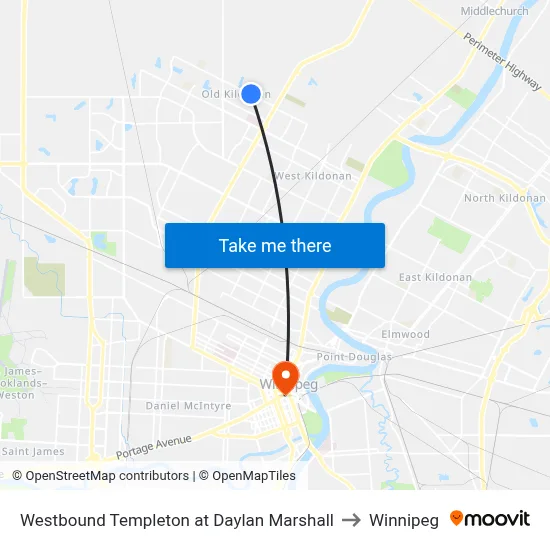 Westbound Templeton at Daylan Marshall to Winnipeg map