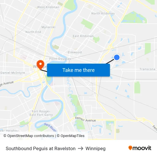 Southbound Peguis at Ravelston to Winnipeg map