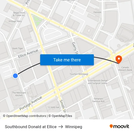 Southbound Donald at Ellice to Winnipeg map