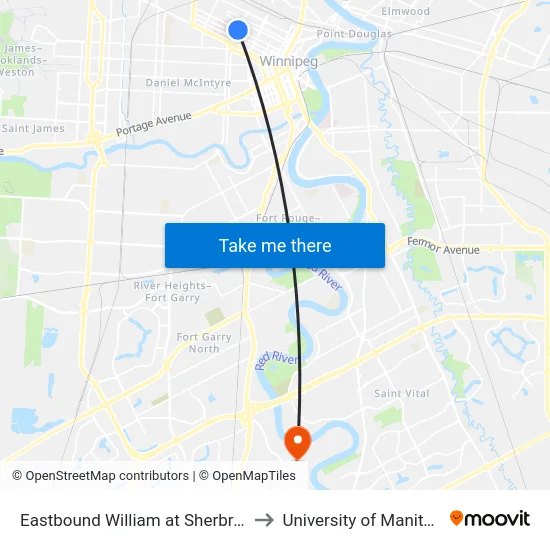Eastbound William at Sherbrook to University of Manitoba map