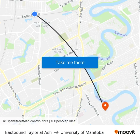 Eastbound Taylor at Ash to University of Manitoba map