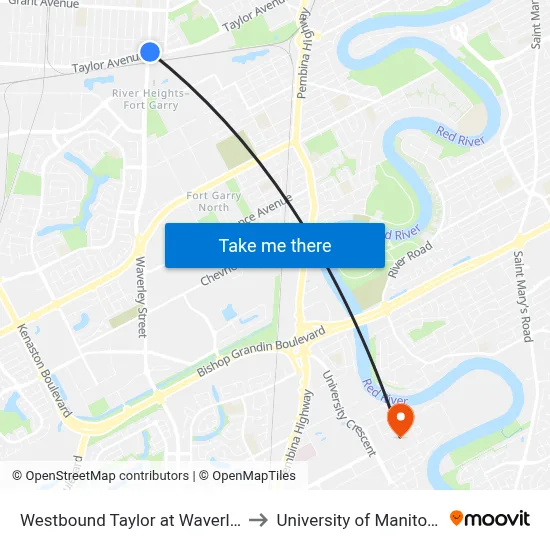Westbound Taylor at Waverley to University of Manitoba map