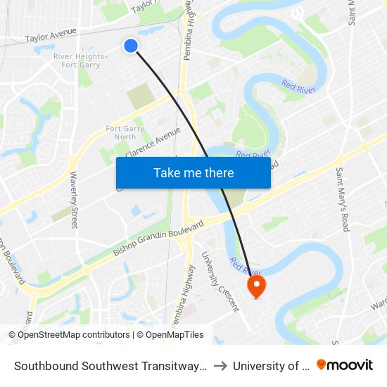 Southbound Southwest Transitway at Beaumont Station to University of Manitoba map