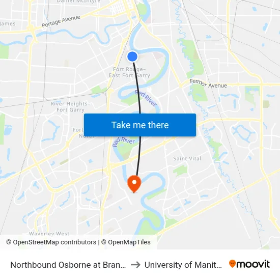 Northbound Osborne at Brandon to University of Manitoba map