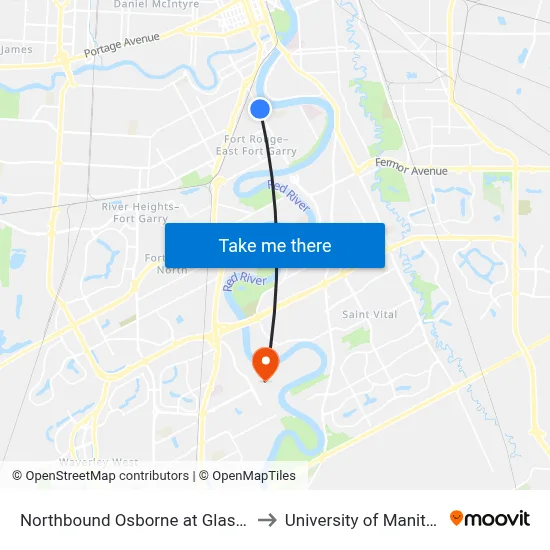 Northbound Osborne at Glasgow to University of Manitoba map