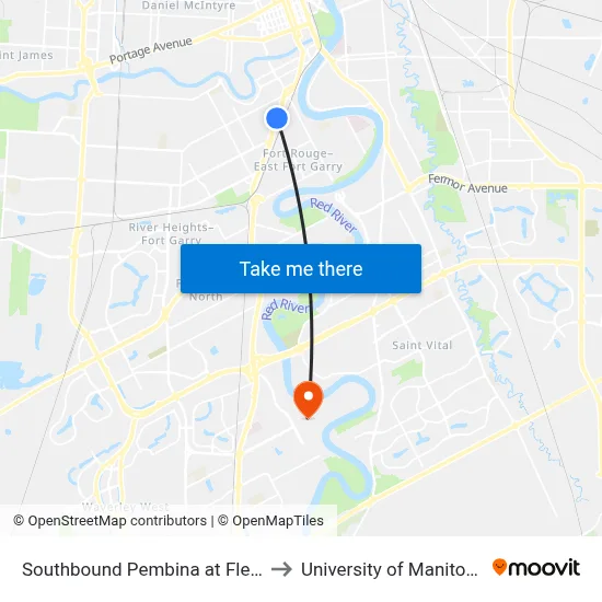 Southbound Pembina at Fleet to University of Manitoba map