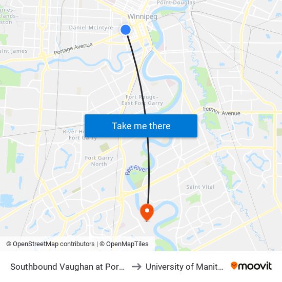 Southbound Vaughan at Portage to University of Manitoba map