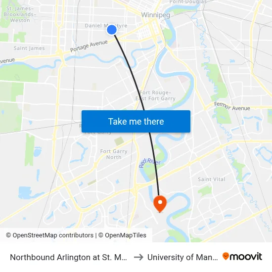 Northbound Arlington at St. Matthews to University of Manitoba map